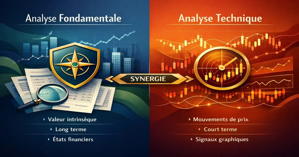 Infographie comparant analyse fondamentale vs analyse technique : côté gauche valeur intrinsèque et données financières, côté droit graphiques boursiers et indicateurs techniques, avec flèche centrale symbolisant la complémentarité