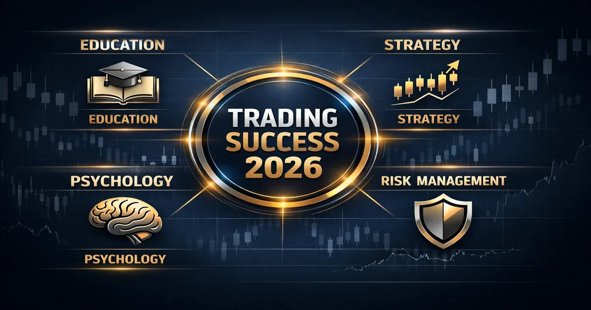 Infographie des 3 piliers du trading en 2026 : ÉDUCATION (formation, apprentissage, comptes démo), STRATÉGIE (analyse technique, fondamentale, gestion des risques), PSYCHOLOGIE (émotions, peur, cupidité). La gestion des risques est au centre pour atteindre le succès. Représentation parfaite d'une trading définition simple.