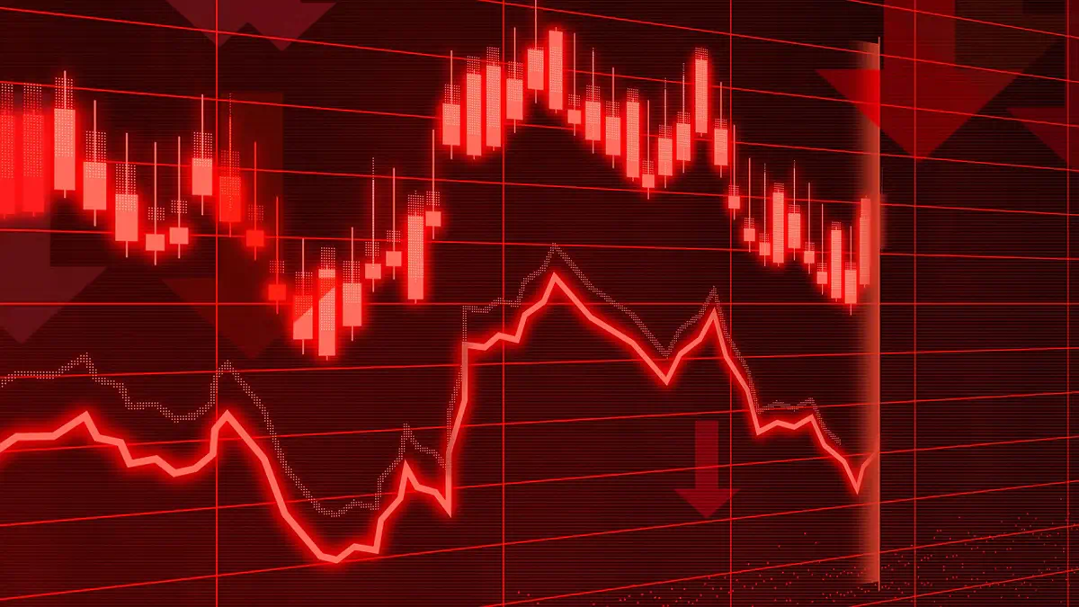 Analyse graphique de la chute des marchés 2026 : Bitcoin -18%, Or -7%, Actions -5.8% en 4 jours. Graphique montrant l'effondrement simultané des crypto, métaux précieux et indices boursiers. Causes : dette du Japon, liquidations massives, Bank of Japan.