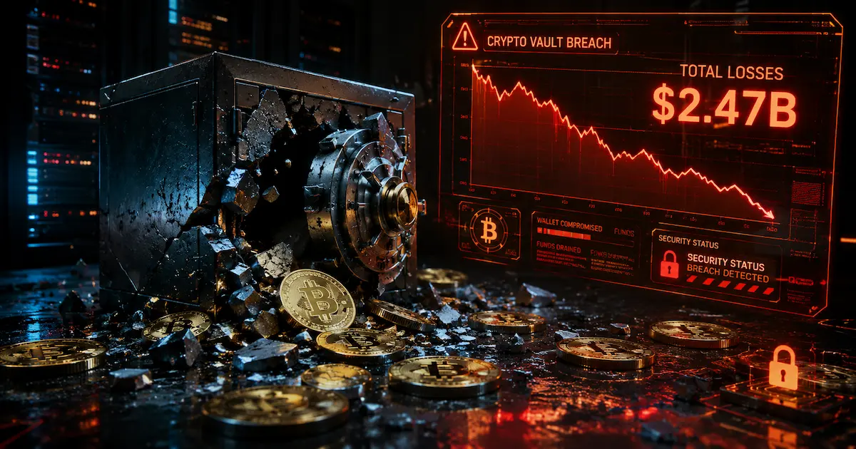 Graphique des 2,47 milliards de dollars volés sur les exchanges en 2025, illustrant l'urgence d'adopter la self-custody.