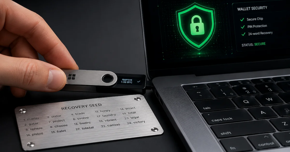 Configuration d'un hardware wallet avec la phrase de récupération (seed phrase) gravée sur métal pour protéger ses cryptomonnaies.