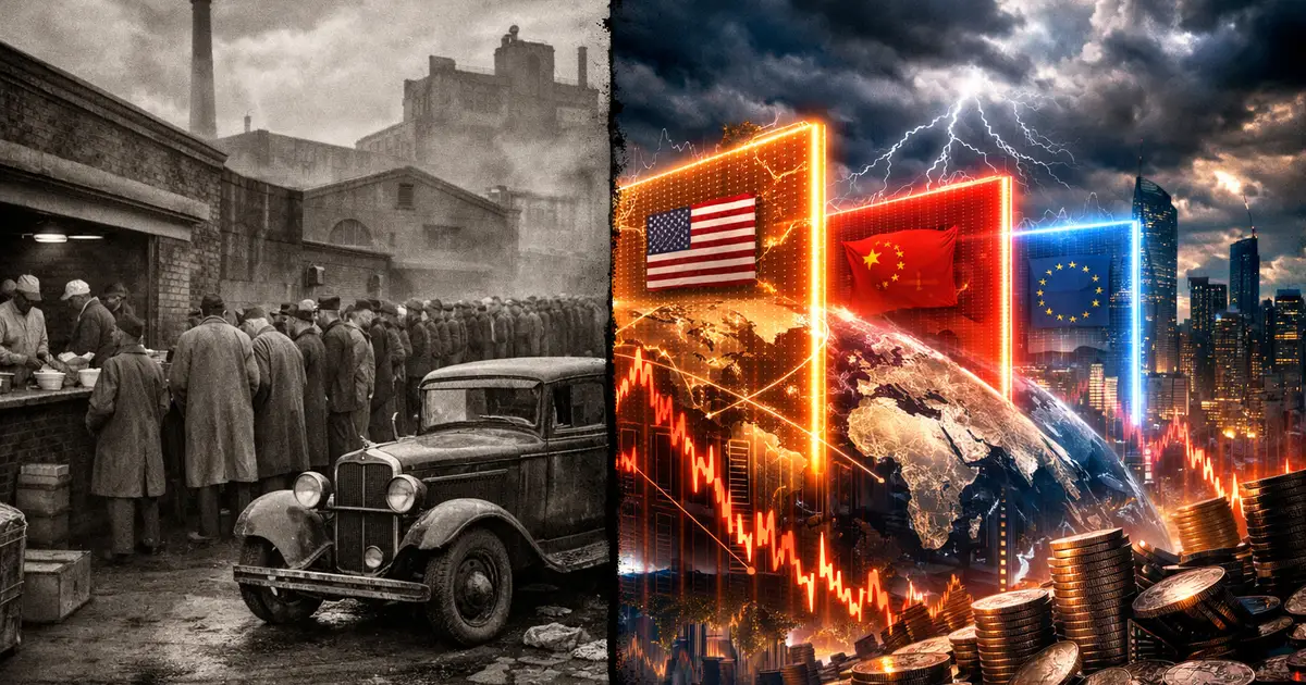 Smoot-Hawley Tariff Act 1930 vs 2026 - Image comparative entre la Grande Dépression et les tensions commerciales actuelles
