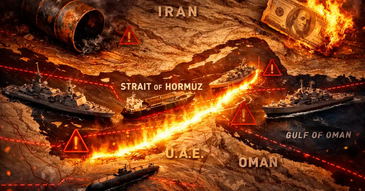 Carte stratégique du détroit d'Ormuz en 2026, entre l'Iran et Oman, montrant le golfe Persique, le golfe d'Oman et les Émirats arabes unis. Point de passage obligé pour 20 % du pétrole mondial et un tiers du GNL.