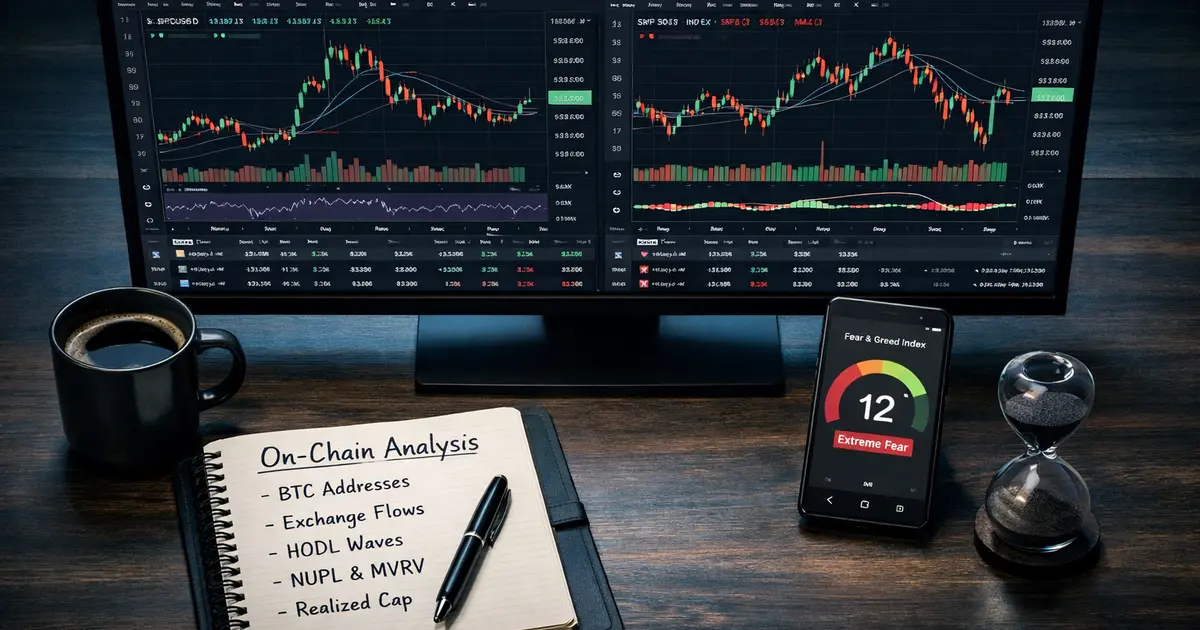 Outils pour maîtriser la volatilité des cryptomonnaies : TradingView et Fear and Greed Index sur un bureau de trader moderne en 2026