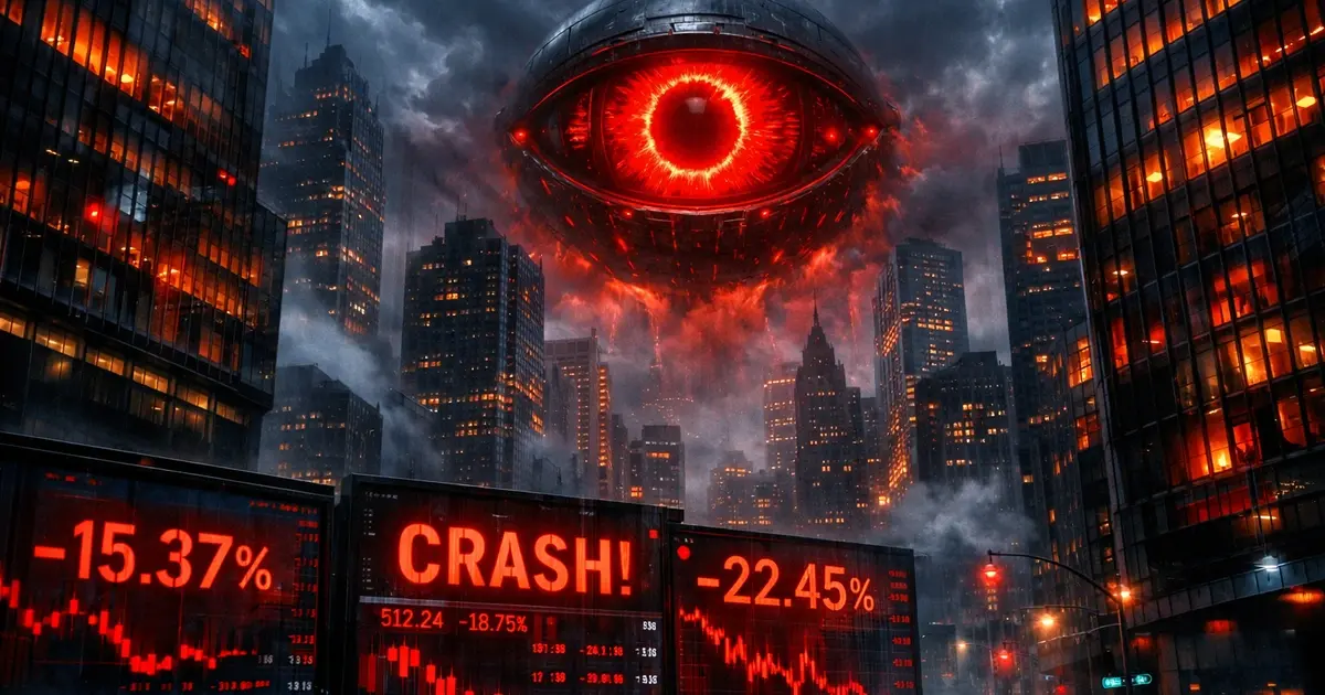 ia la plus dangereuse du monde - oeil rouge artificiel surplombant Wall Street et les écrans de trading en chute libre