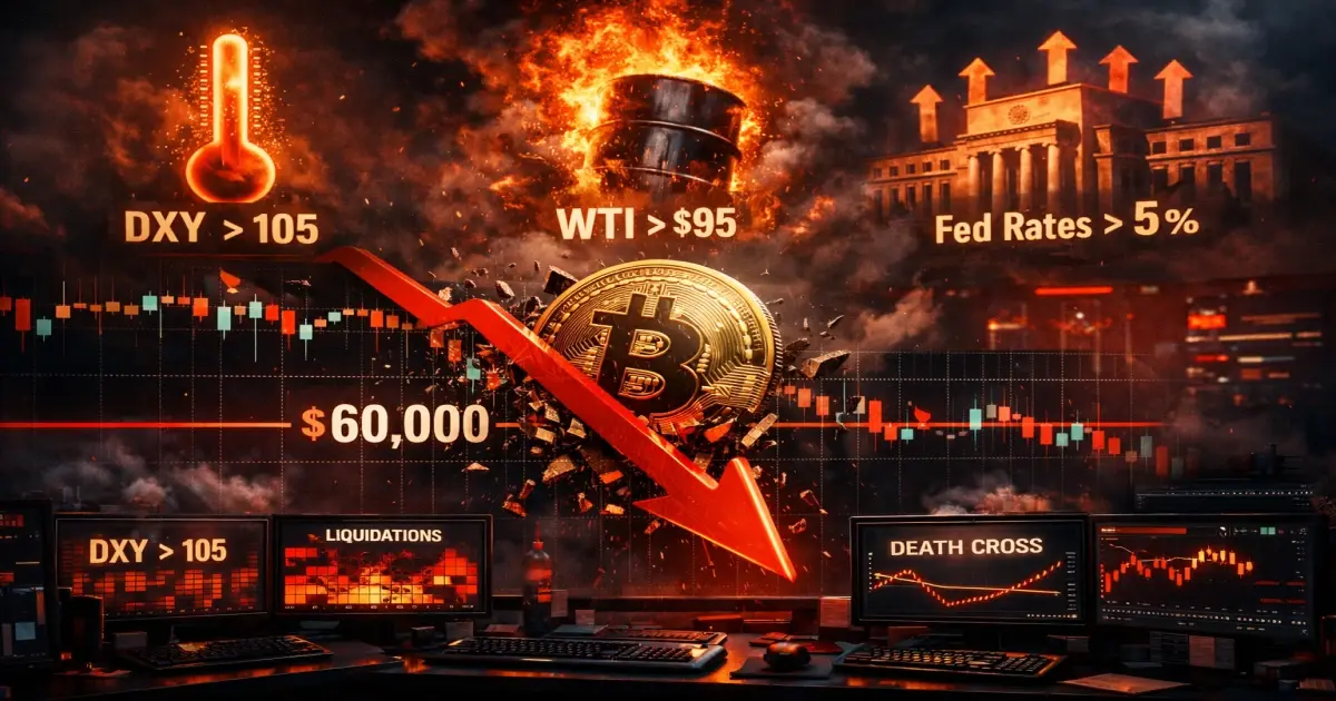 Analyse Bitcoin 2026 : chute du Bitcoin sous 60000 dollars avec signaux danger financier imminent - indice dollar DXY en hausse à 105, baril de pétrole explosant au-dessus de 95 dollars, et taux directeurs de la Fed dépassant 5 pourcent