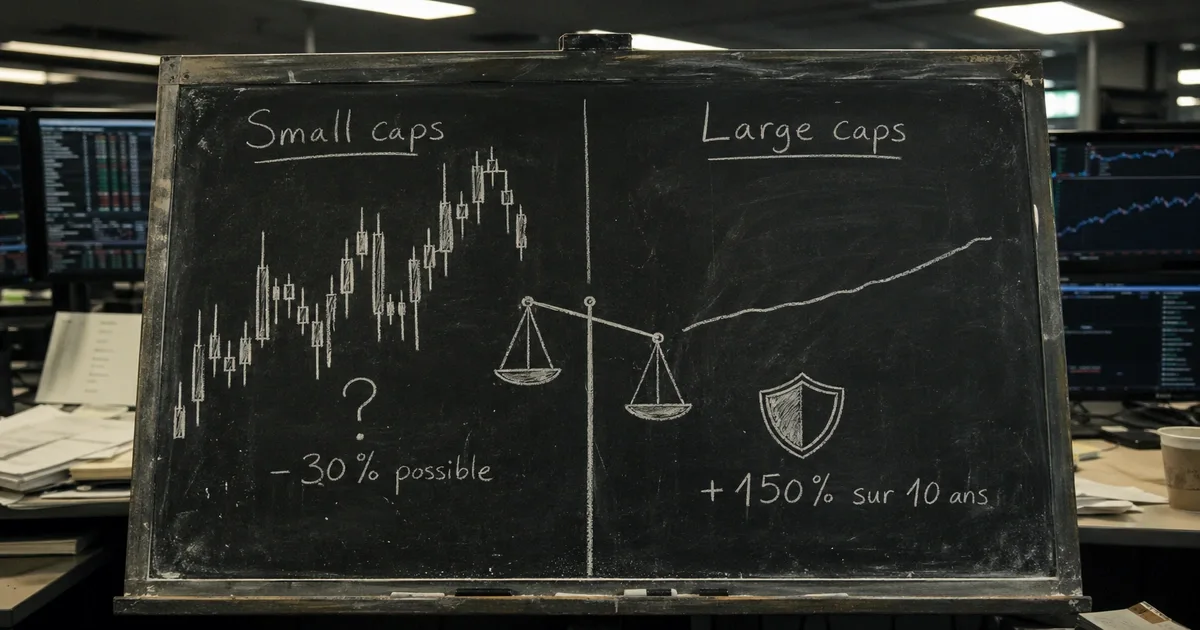 Tableau comparatif small caps vs large caps : colonne gauche graphique volatile avec mention -30% de baisse possible, colonne droite courbe stable avec mention +150% sur 10 ans, balance schématique penchant vers les large caps