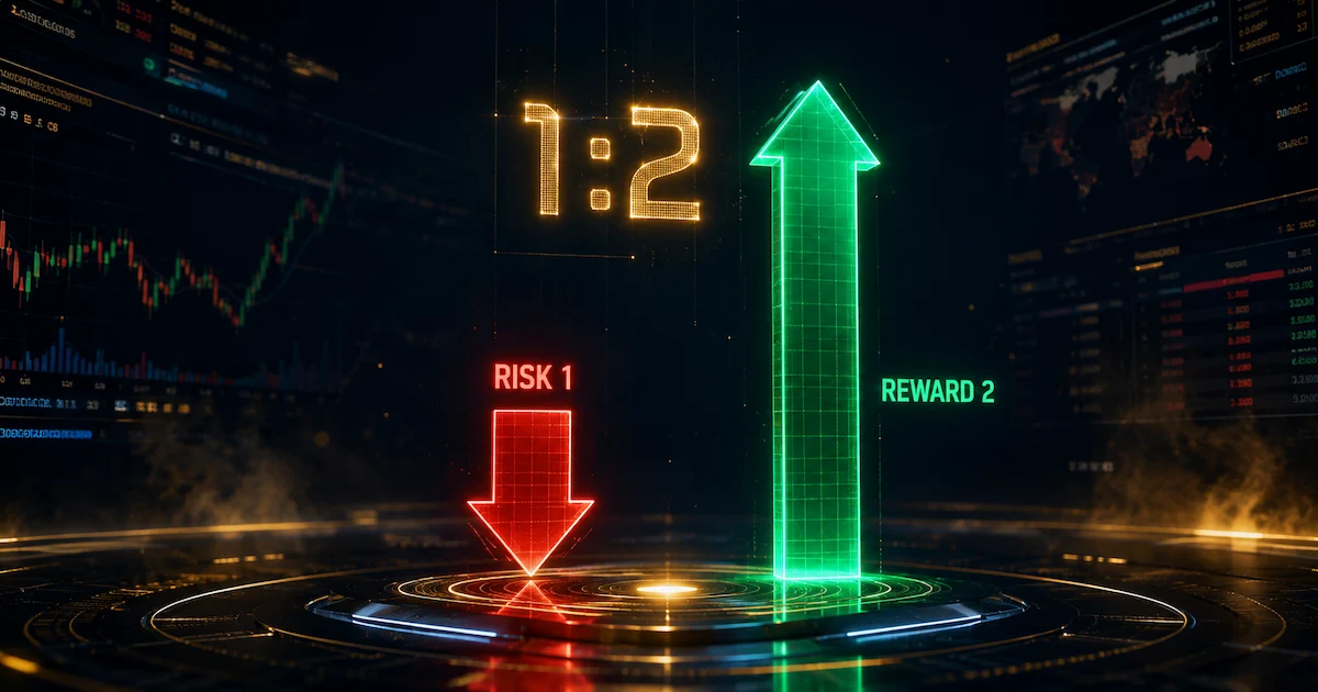 Illustration 3D d'un rapport risque/rendement de 1:2 en trading. Une flèche rouge courte (Risk) et une flèche verte longue deux fois plus grande (Reward) sur un fond numérique high-tech.
