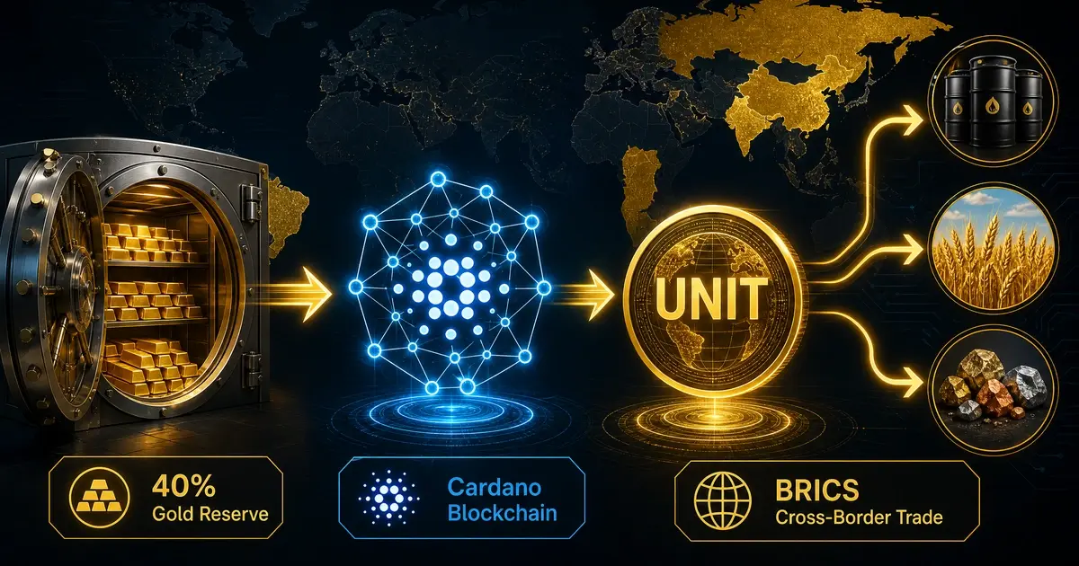 Schéma gold-backed currency BRICS : adossement Unit à 40% d'or, blockchain Cardano, règlements interbancaires et commerce transfrontalier en 2026