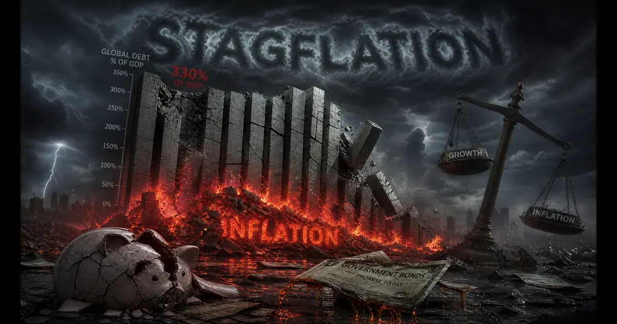 Graphique de la spirale dette-stagflation 2026 illustrant le ratio dette mondiale/PIB à 330%, contre 140% en 1980, avec des flèches montrant l'impact de l'inflation persistante sur la croissance économique et la menace sur les obligations d'État