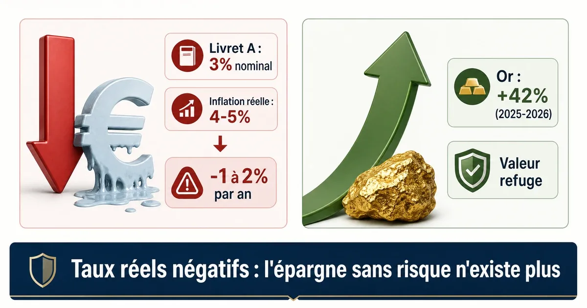 Infographie sur les taux réels négatifs : Livret A à 3% nominal contre inflation réelle à 4-5%, perte de 1 à 2% par an, et performance de l'or à +42% comme valeur refuge