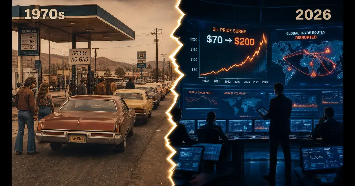 Graphique comparant le choc pétrolier stagflation de 1970 avec le scénario 2026-2027, montrant l'envolée du prix du baril de 70
a
ˋ
200
a
ˋ
200, la perturbation des routes commerciales mondiales, les alertes sur les chaînes d'approvisionnement et la volatilité des marchés financiers