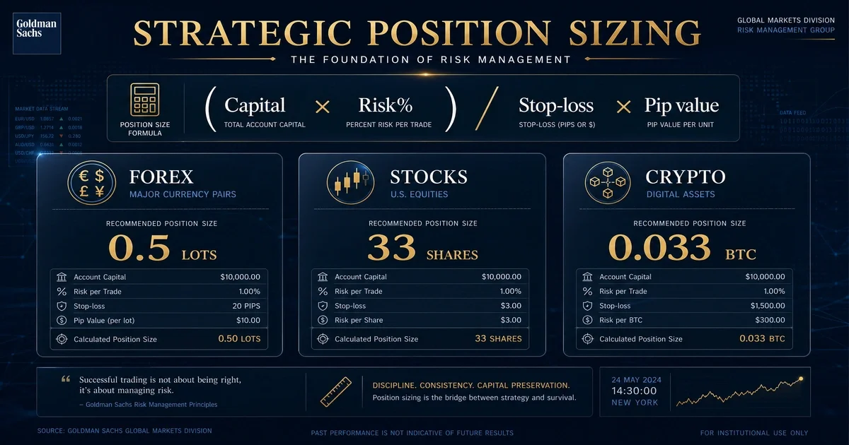 Infographie professionnelle Goldman Sachs sur le position sizing en trading. Visualisation de la formule mathématique pour calculer la taille de position sur le Forex, les actions et les cryptomonnaies avec un risque de 1%.