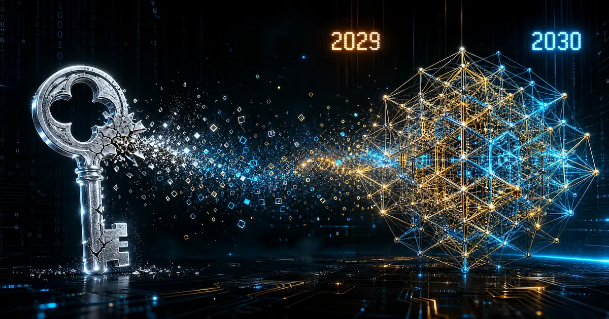 Illustration conceptuelle d'une clé de chiffrement classique se brisant et se transformant en une structure géométrique en treillis lumineuse, symbolisant la transition vers les standards de cryptographie post-quantique (ML-DSA / Dilithium) du NIST pour sécuriser la blockchain face à l'échéance 2029.