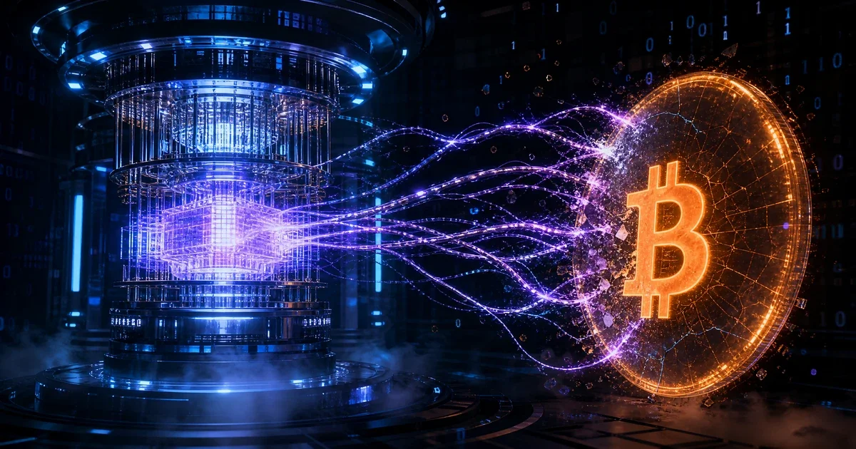 Ordinateur quantique attaquant la blockchain Bitcoin – visualisation de la menace du calcul quantique sur la cryptographie post-quantique et les adresses P2PK exposées. Image conceptuelle d'un ordinateur quantique futuriste en fonctionnement, diffusant des faisceaux d'énergie violette et bleue vers un logo Bitcoin incandescent. Une illustration représentant la convergence entre la puissance de calcul avancée et l'avenir de la blockchain.