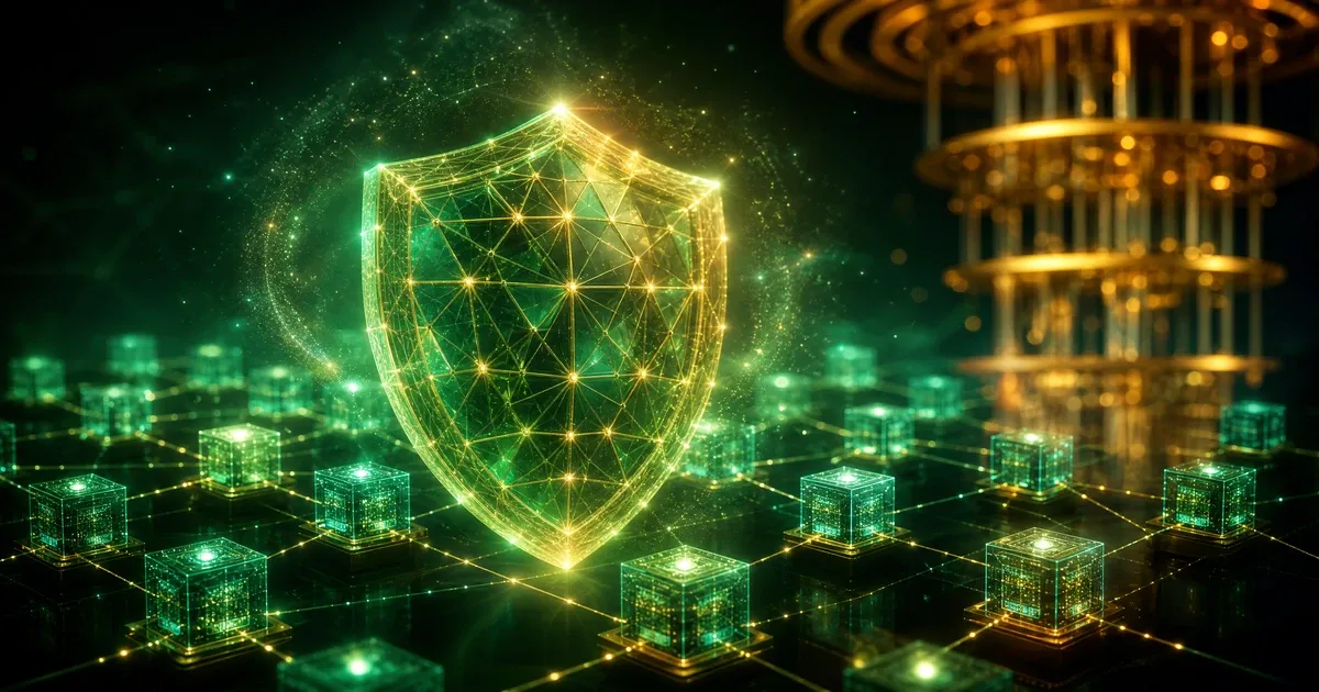 Concept de cybersécurité blockchain montrant un bouclier digital lumineux protégeant un réseau de blocs cristallins, illustrant les solutions post-quantiques pour sécuriser les actifs numériques.