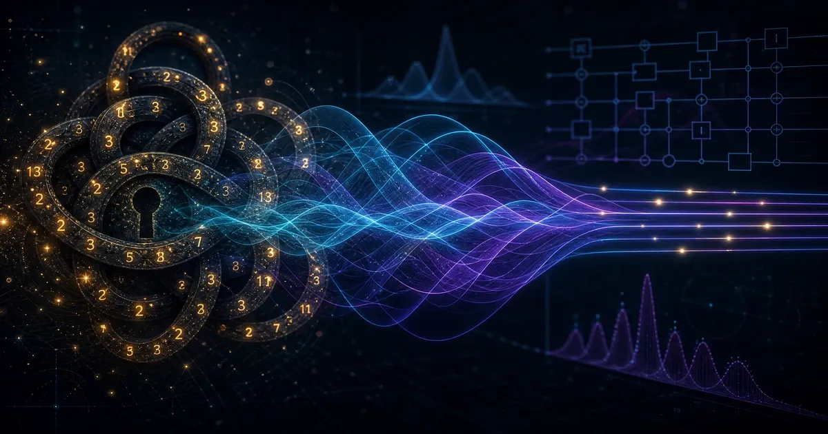 Représentation artistique d'une serrure cybernétique formée de nœuds de chiffrement avec des ondes de données, symbolisant les algorithmes cryptographiques menacés par la puissance de calcul quantique.