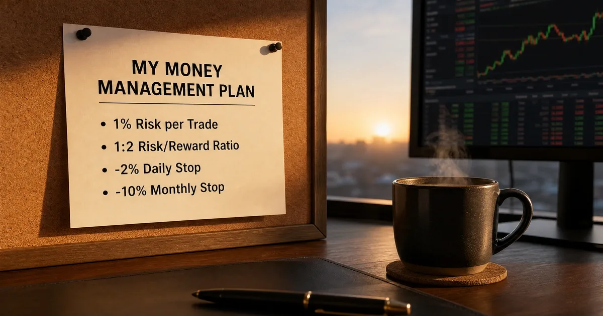Concept visuel d'un bureau de trader avec une note épinglée listant les règles d'un money management discipliné : risque de 1%, ratio risque rendement 1:2, et coupe-circuit quotidien de -2%.