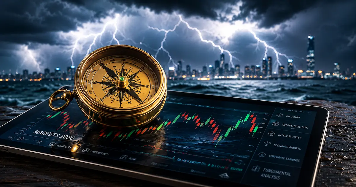 L'analyse fondamentale est-elle encore pertinente ? Une boussole financière guide un investisseur à travers la tempête des marchés boursiers en 2026, symbolisant la valeur intrinsèque face à la volatilité.