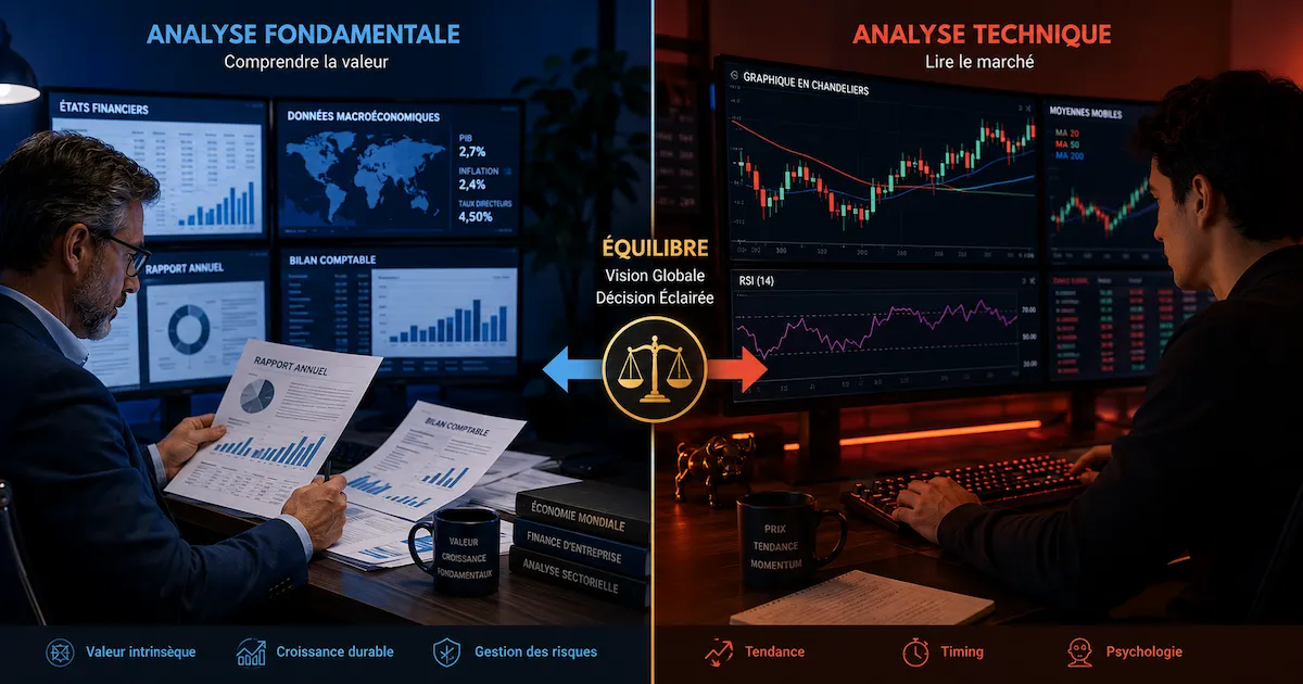 Analyse fondamentale vs analyse technique : comparaison visuelle entre un analyste étudiant les états financiers d'une entreprise et un trader observant les graphiques de prix et les indicateurs de tendance en 2026.