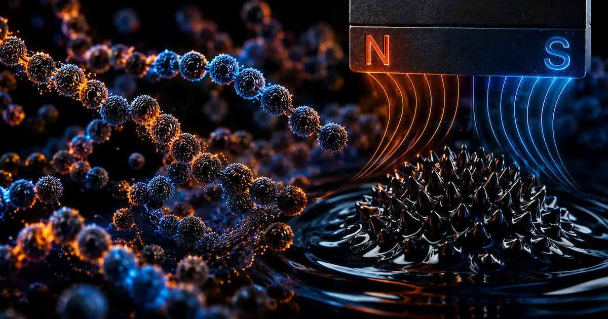 Ferromagnétisme nanostructuré - Nanoparticules magnétiques formant des chaînes sous champ magnétique dans un ferrofluide, illustration scientifique des nanomatériaux magnétiques