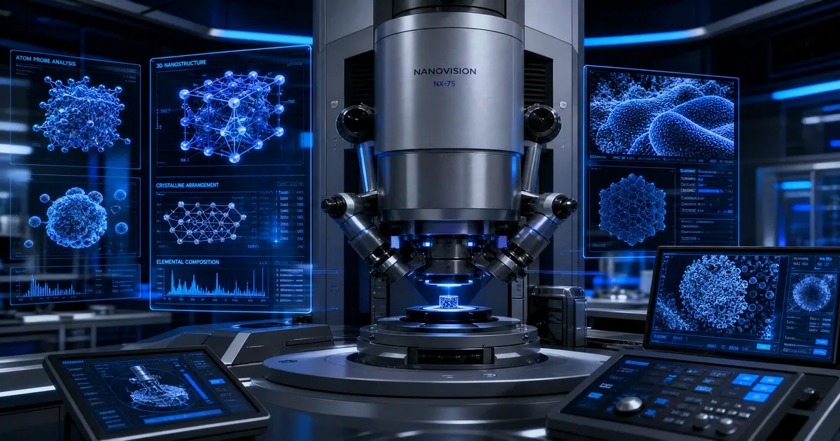 Illustration des techniques de mesure en nanotechnologie : microscope électronique, atomes, nanostructures et instruments de mesure de précision